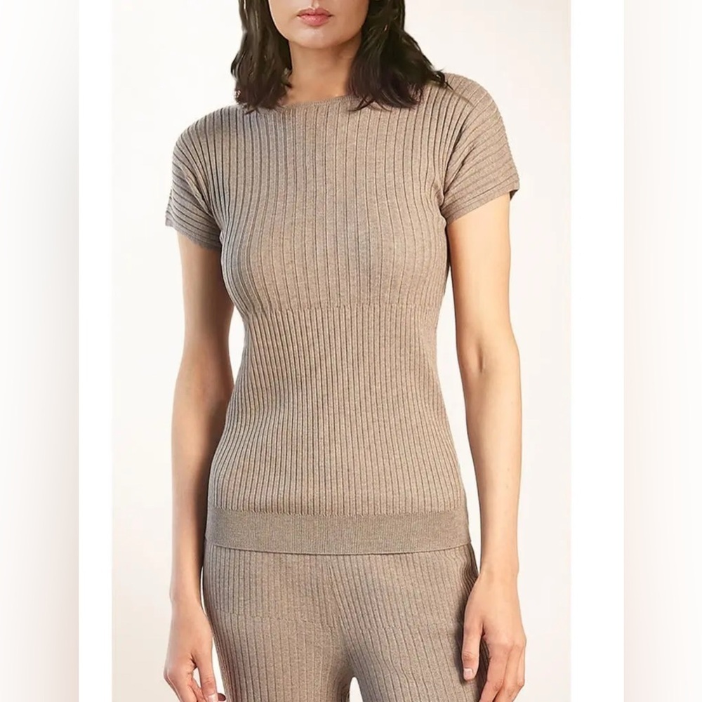 OYUN Ribbed Knit Short Sleeve Top Taupe Size XS